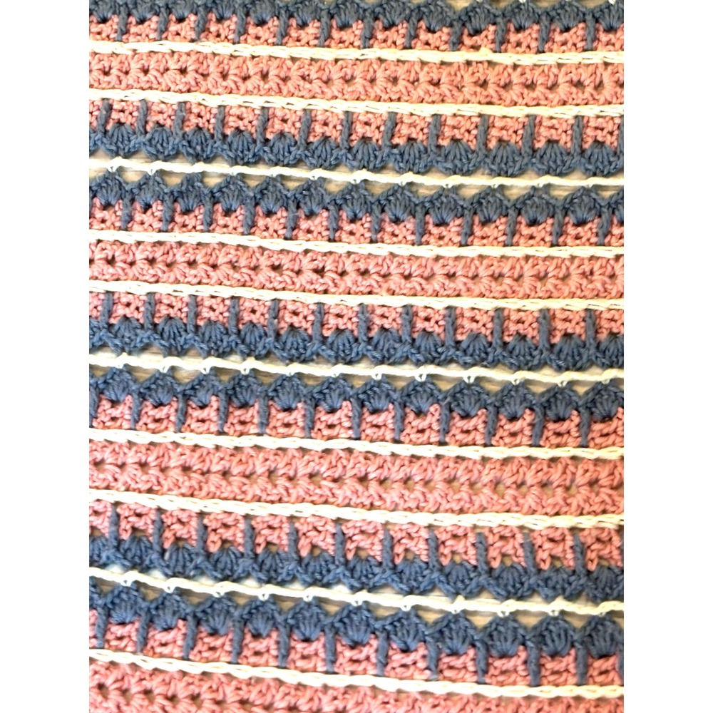 Handmade Crochet Baby Blanket Pink Blue White Striped Afghan Throw 52x52